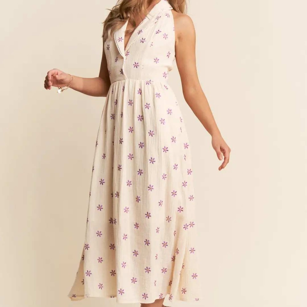 NEW J.Nna Cream Floral Embroidered Collar Halter Midi Dress Smocked‎ Back Size M